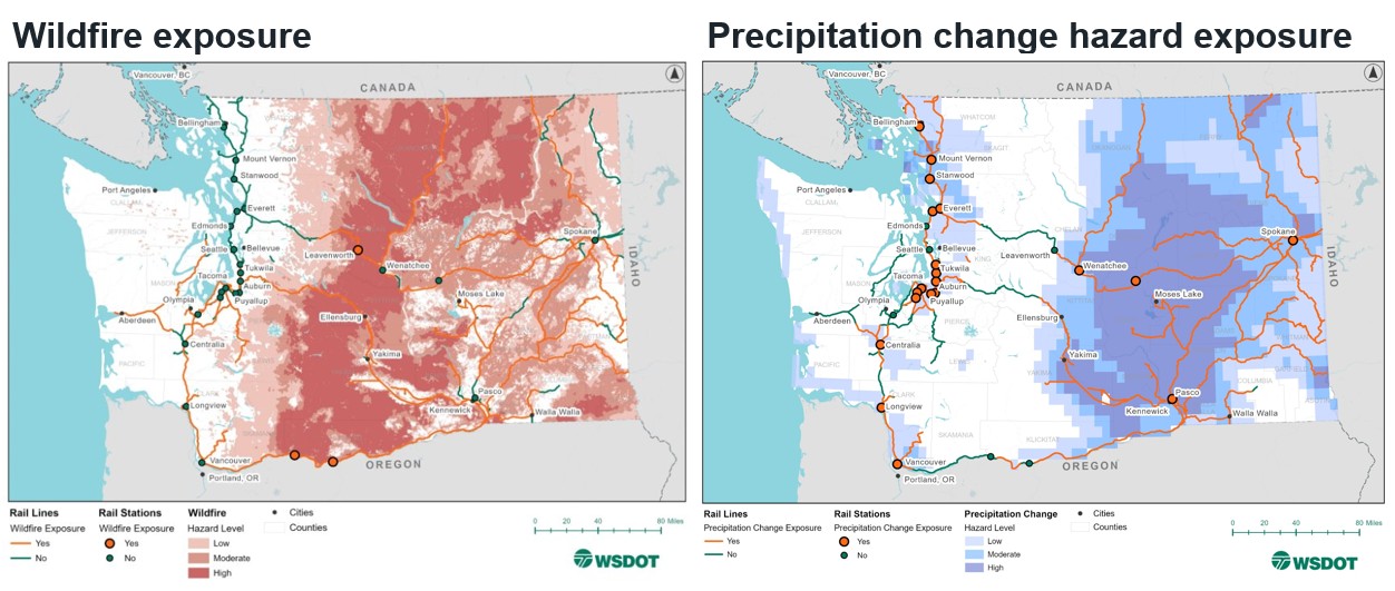 Two Washington State maps show exposures in the eastern part of the state that may affect the rail network. For eastern Washington, this includes wildfire exposure, and increased precipitation and potential flood events. One example station area with wildfire exposure is Leavenworth, WA. Pasco and Wenatchee have exposure to precipitation. 