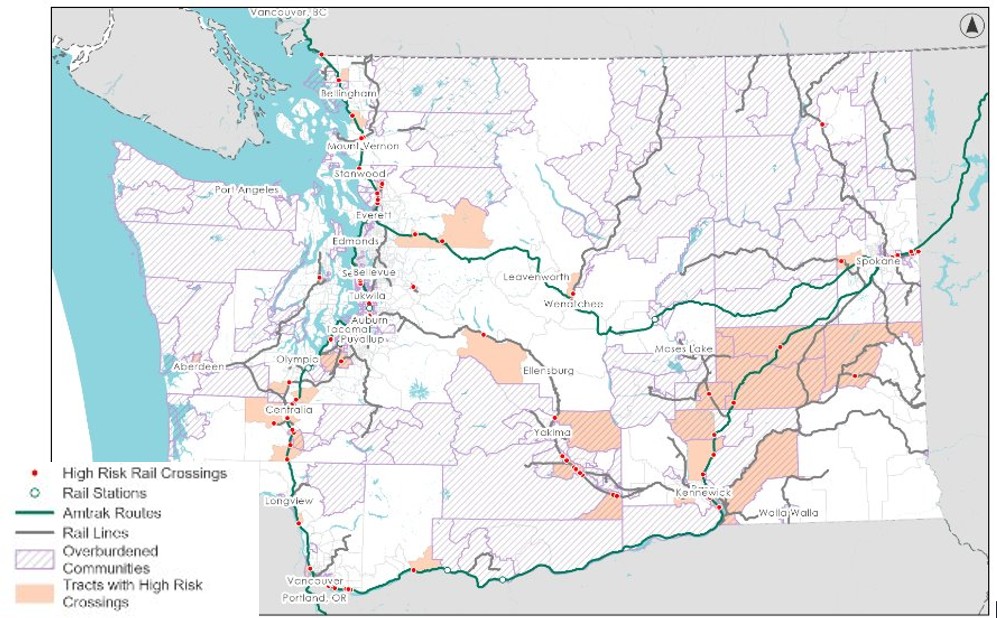 Image description: Map shows areas where overburdened populations exist across Washington State (gray hashed areas), as well as where high-risk crossings occur. 104 out of 147 total high-risk crossings in Washington State are located in overburdened communities (hashed areas). 