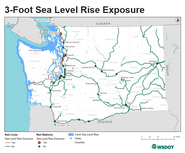 Image description: One map of Washington State shows areas of western Washington with rail lines that could be affected by a 3-foot sea level rise. Bellingham, Everett and Edmonds station areas are exposed. 